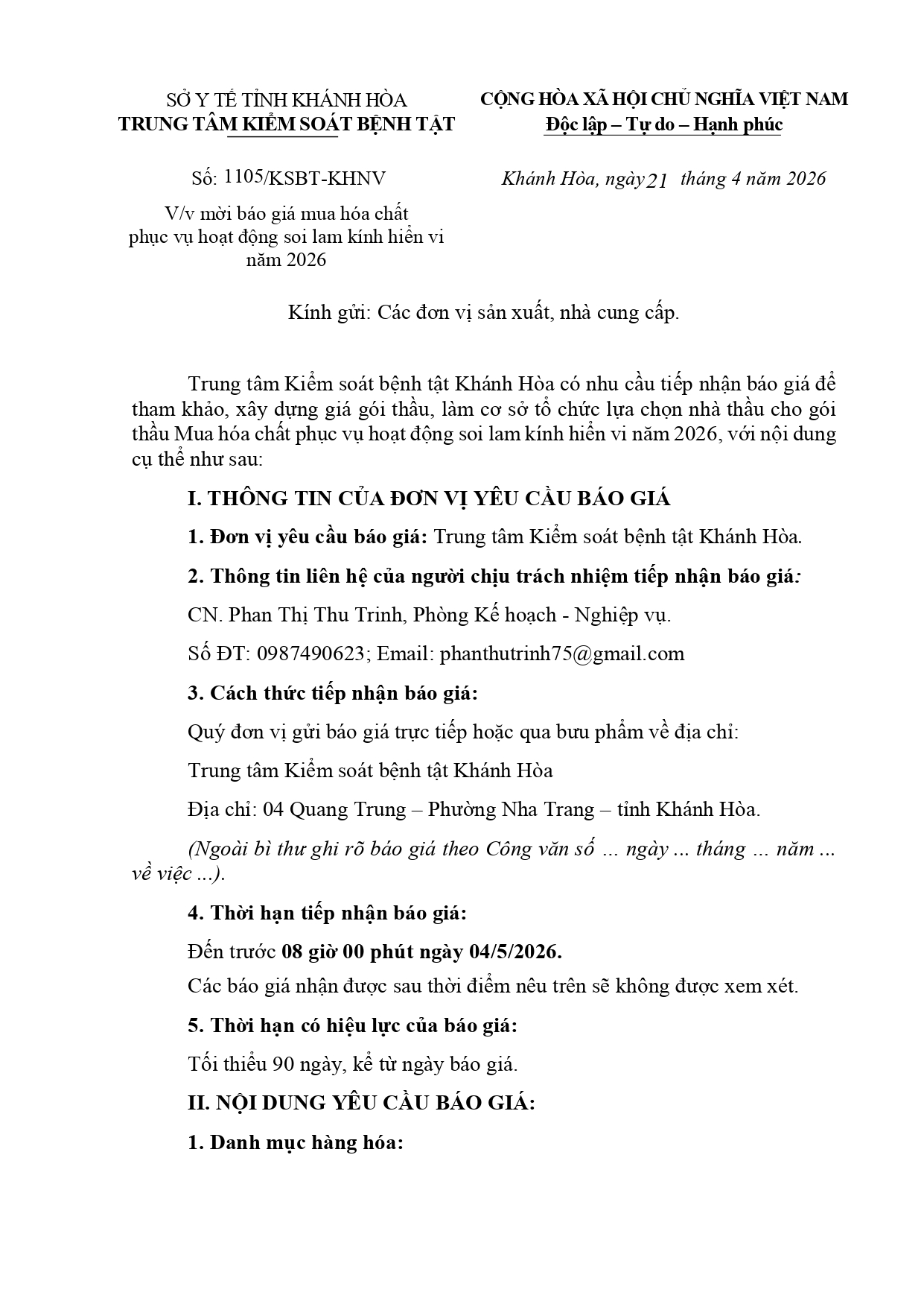 V/v mời báo giá mua hóa chất phục vụ hoạt động soi lam kính hiển vi năm 2026